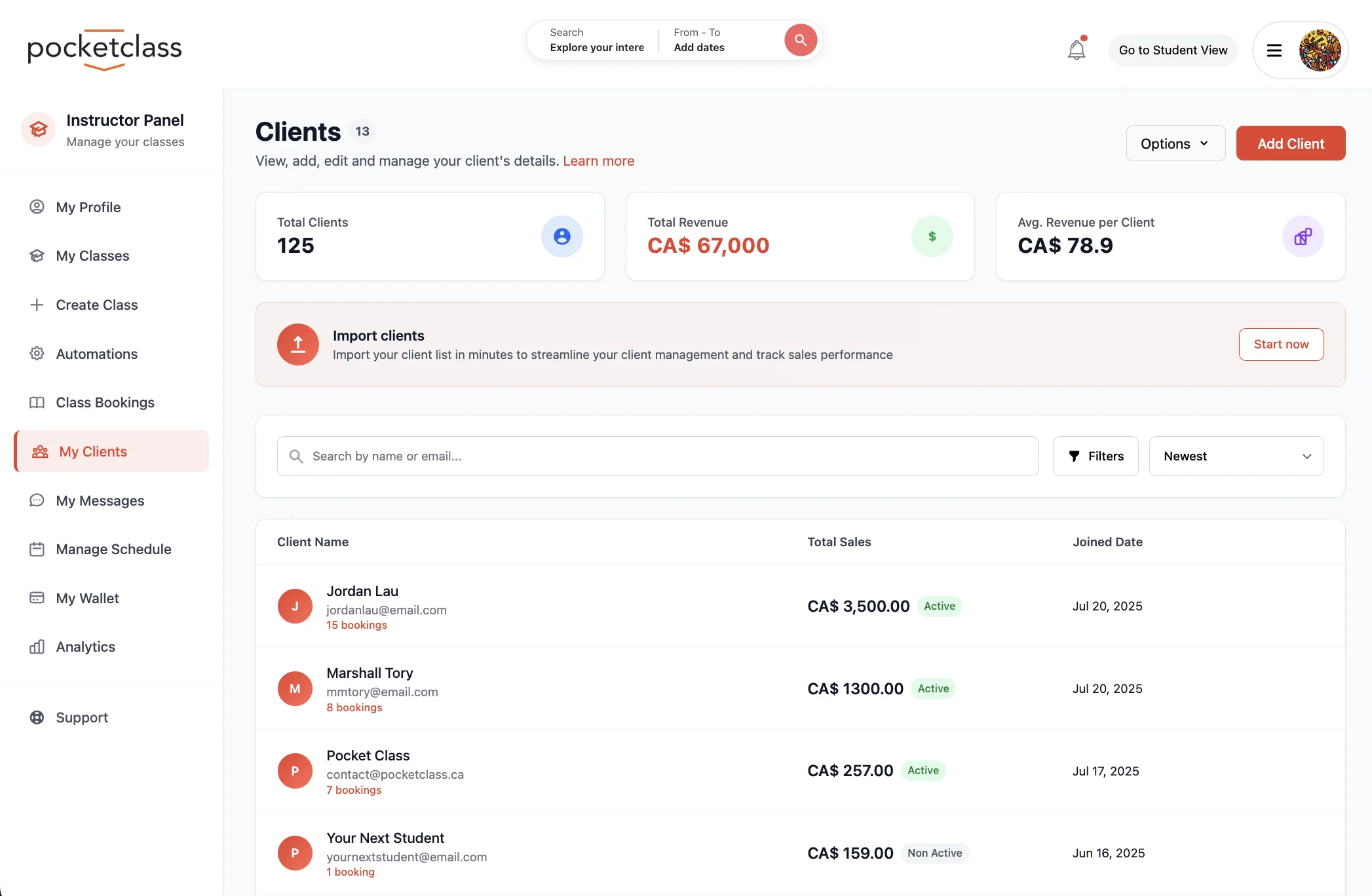 PocketClass dashboard preview